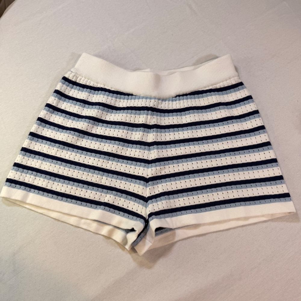Striped Knit Shorts Women Large Navy Blue Excellent Pointelle Casual Preppy‎